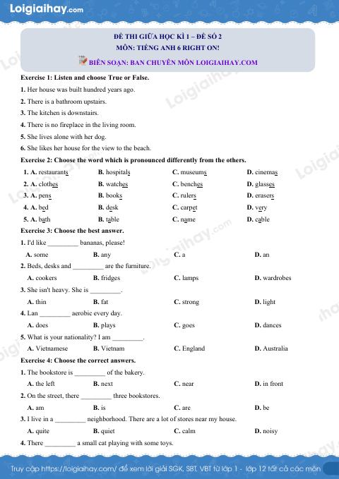 Đề thi giữa kì 1 Tiếng Anh 6 Right on! - Đề số 2